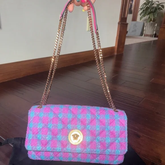 Versace Medusa Tweed Pink and Blue Shoulder Bag - Picture 7 of 7